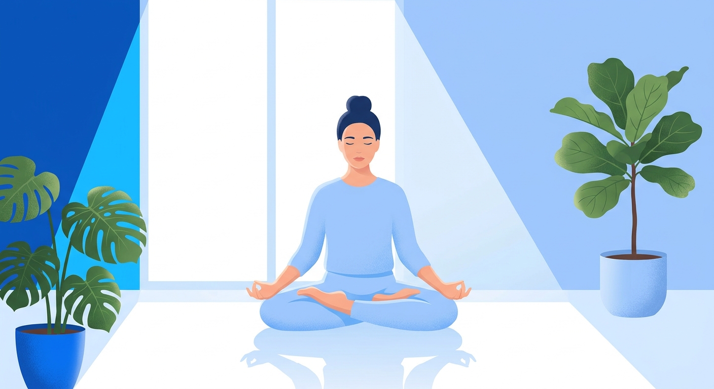 Pessoa meditando em ambiente tranquilo com iluminação natural e tons de azul, representando clareza e renovação para transição de carreira