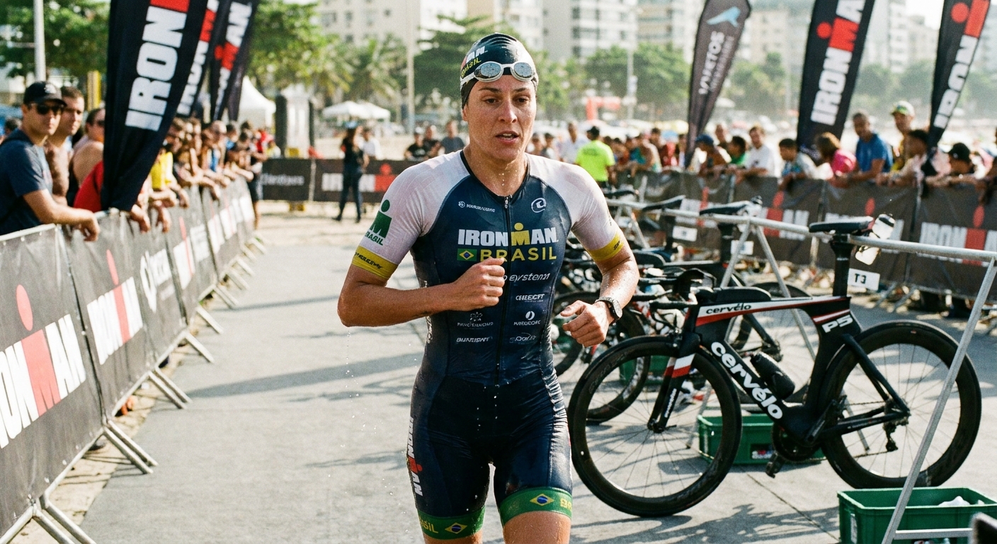 Transição T1 no triathlon Triatleta profissional em transição T1 saindo da água para o ciclismo com equipamento de competição
