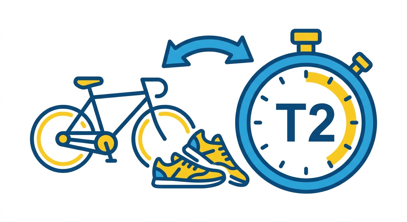 Bicicleta ao lado de tênis de corrida com seta de troca e cronômetro — representação da transição T1 e T2 no triathlon