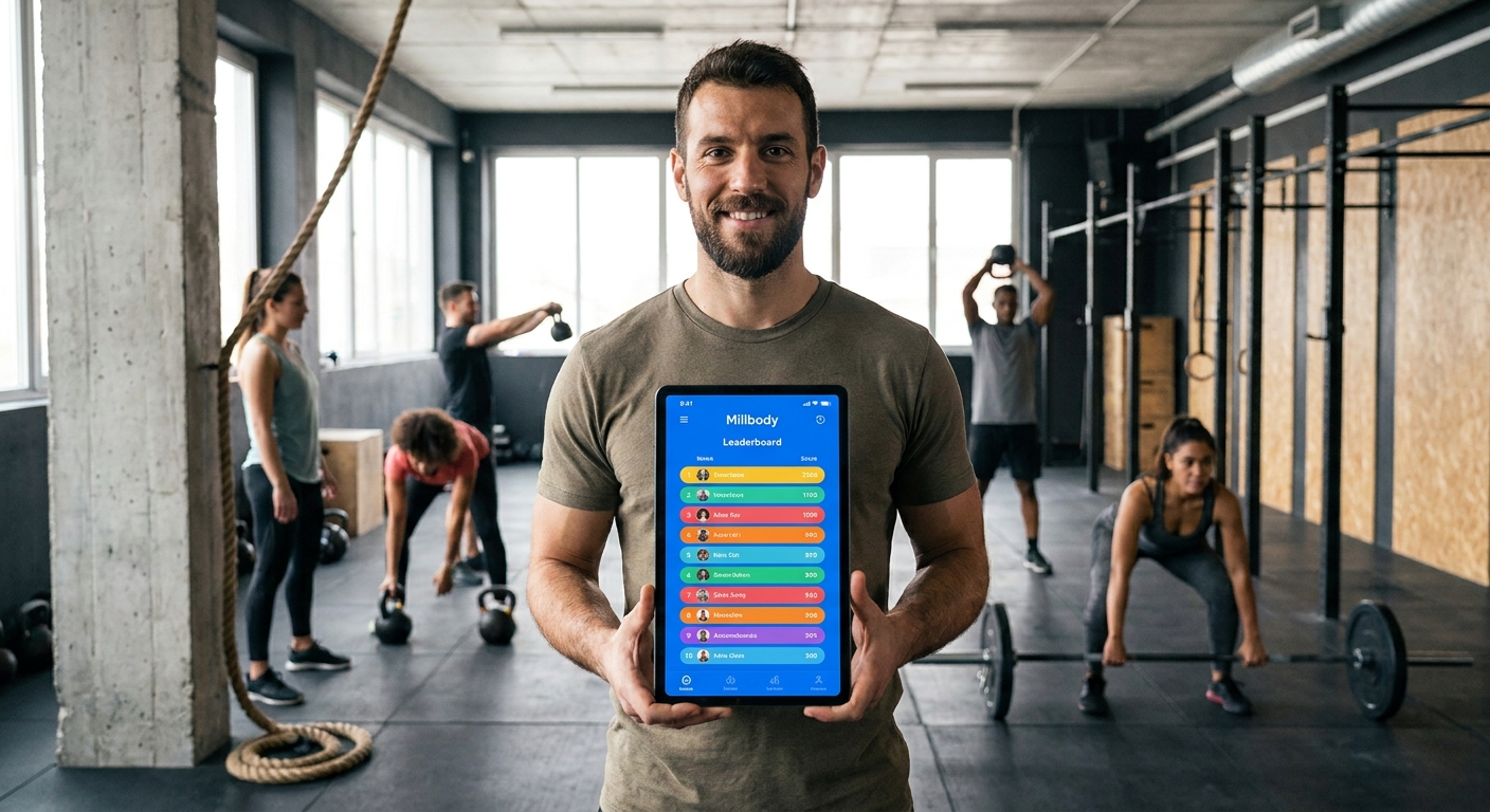 Treinador de cross training usando o app Millbody com leaderboard e alunos ao fundo