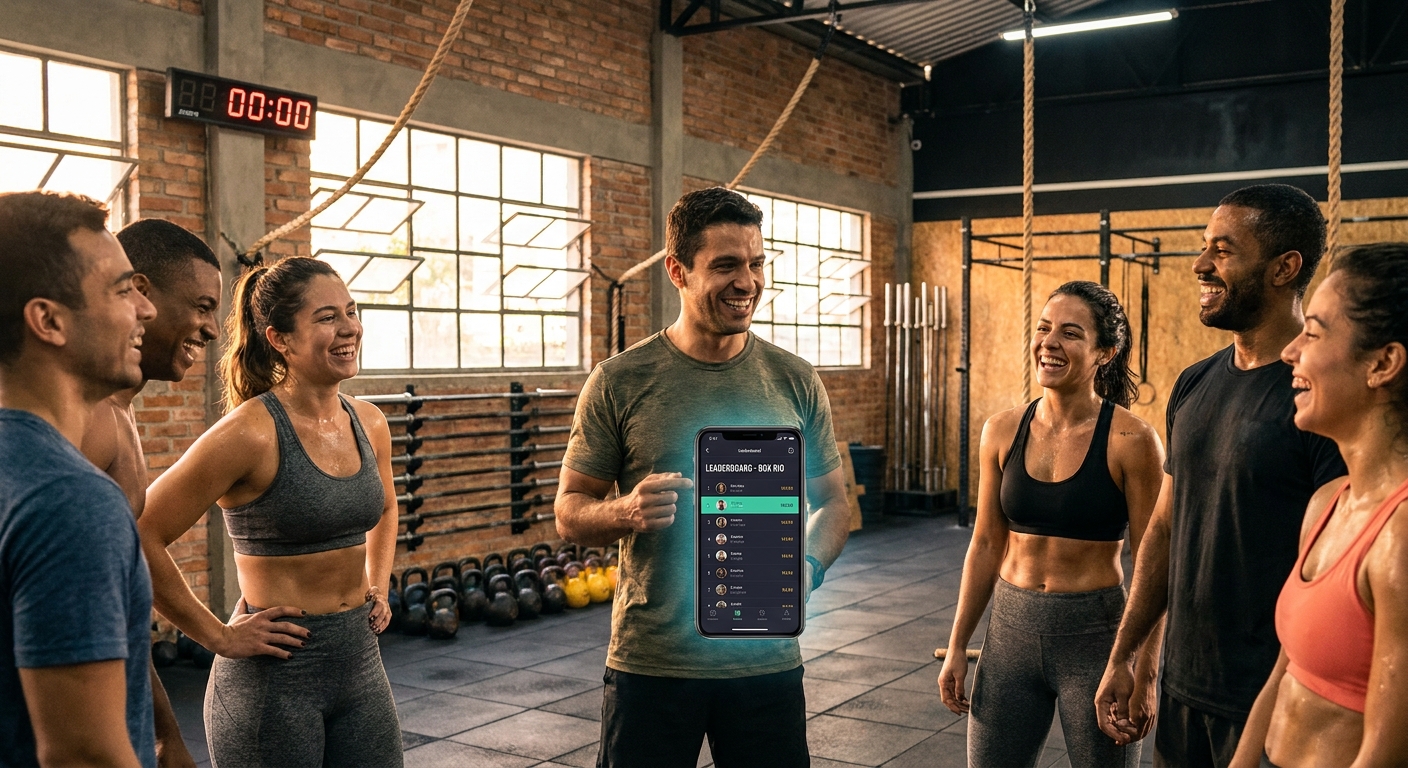 Treinador de Cross Training sorrindo ao lado de alunos usando o app Personal Millbody com leaderboard