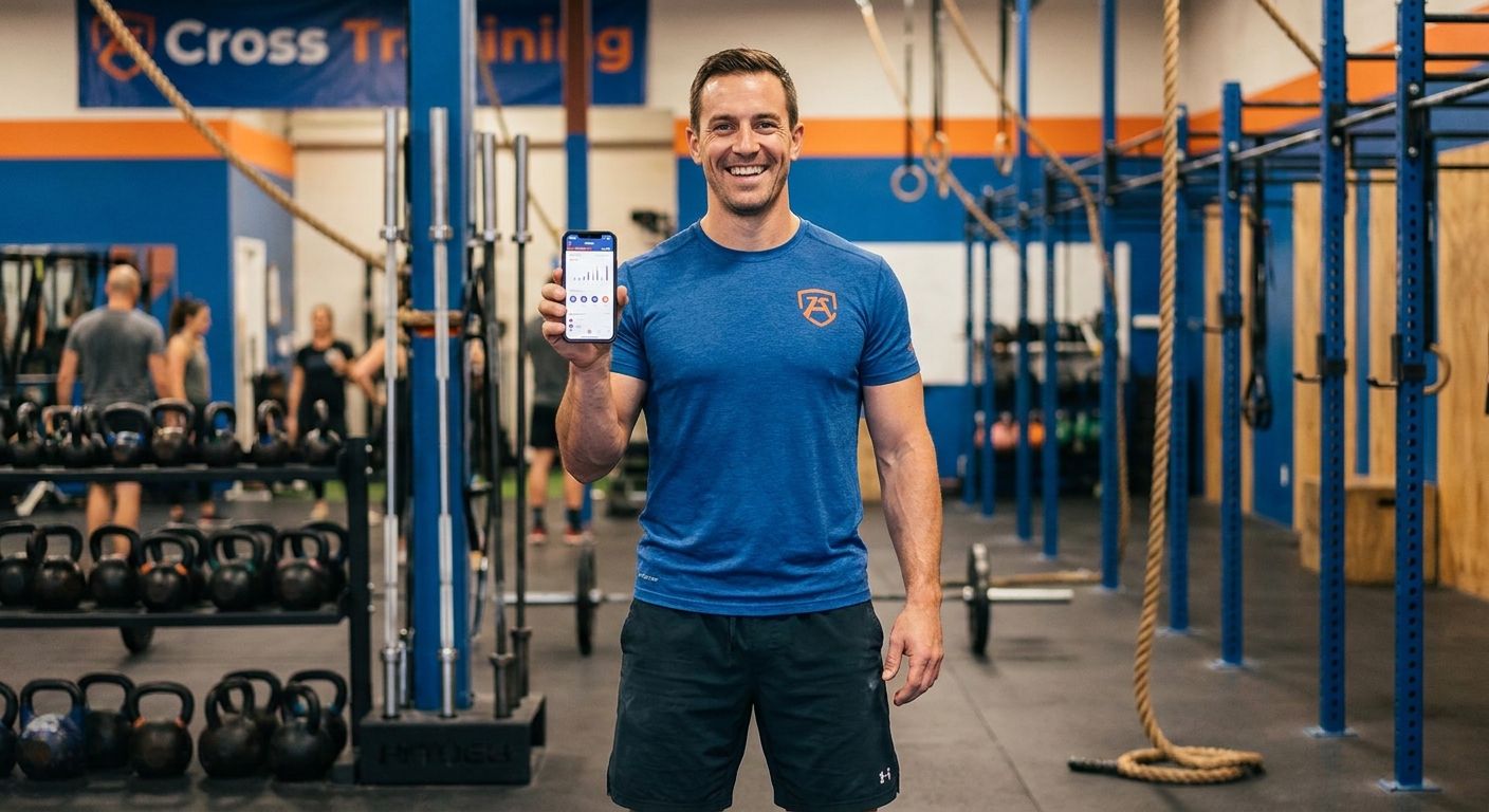 Treinador de cross training sorrindo usando aplicativo de treino personalizado do Personal Millbody
