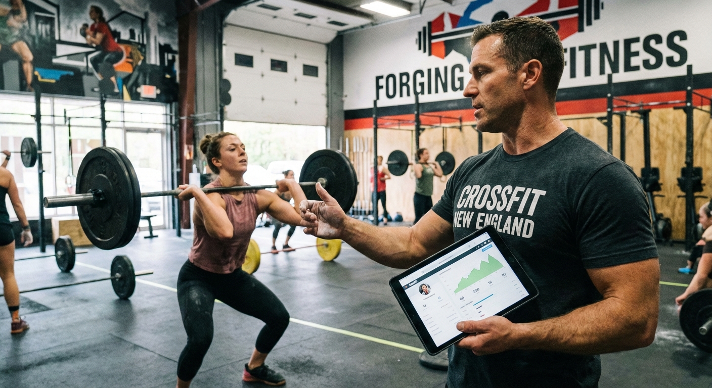 Treinador principal de CrossFit utilizando tablet para análise de desempenho