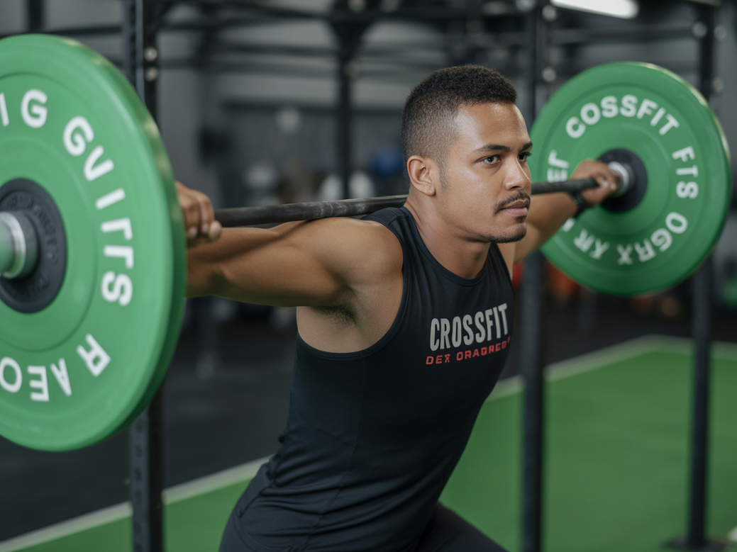 Treinador principal de CrossFit orientando atletas durante um WOD em um box afiliado.