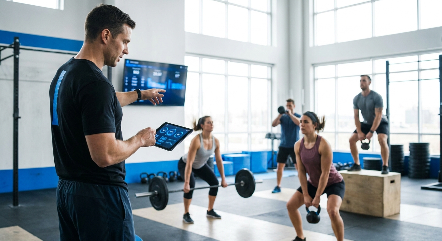 Coach de Crossfit utilizando tecnologia para integrar movimento e cognição Treinador de crossfit usando tecnologia para treino de mente e corpo no box
