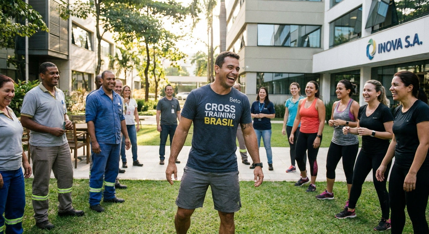Treinador de cross training interagindo com equipe em ginástica laboral corporativa