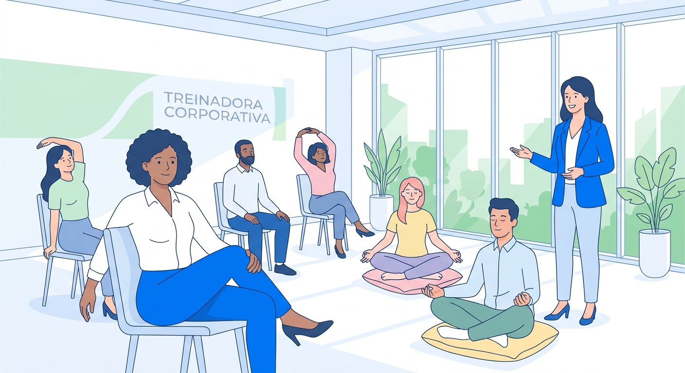 Treinadora corporativa orientando equipe em sessão de meditação e alongamento no escritório