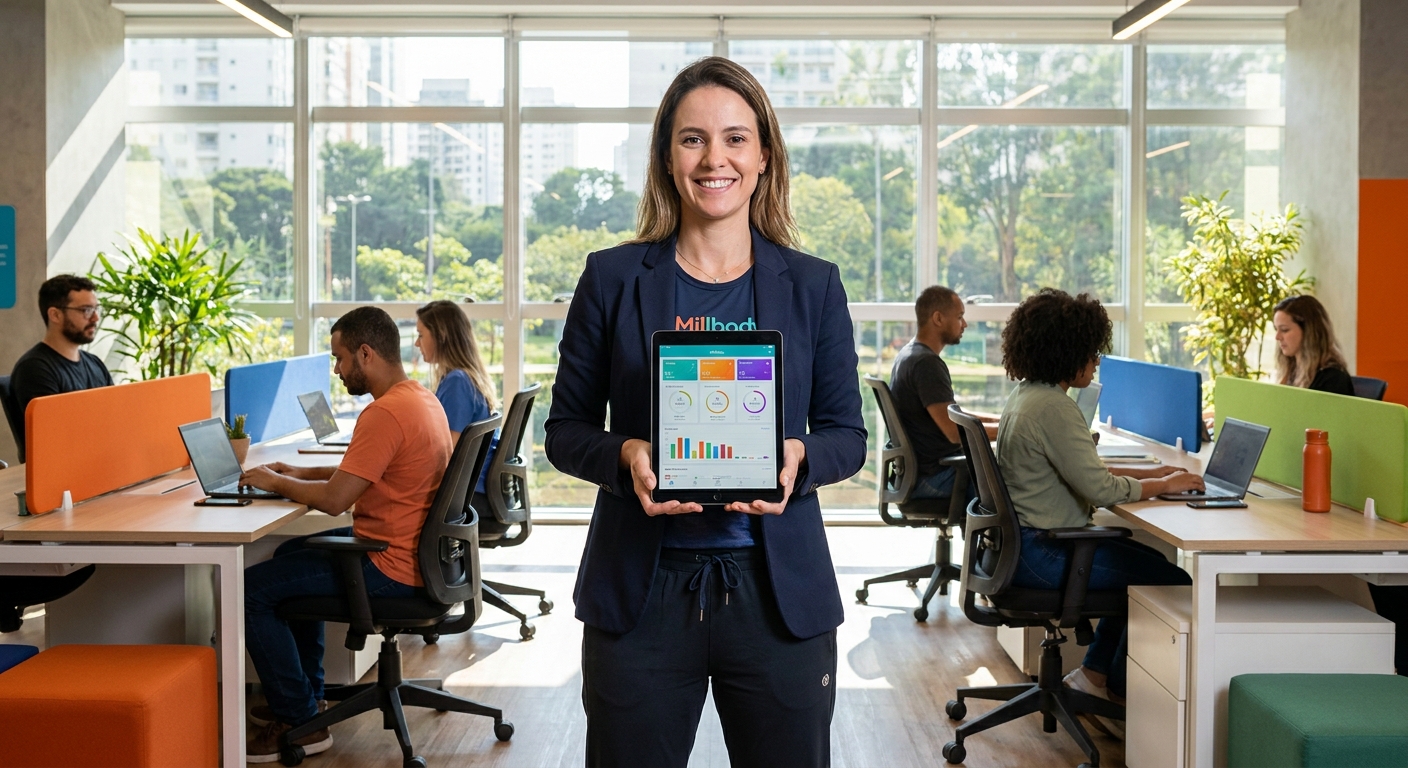 Treinadora corporativa usando app Personal Millbody para rotinas rápidas e meditação na empresa