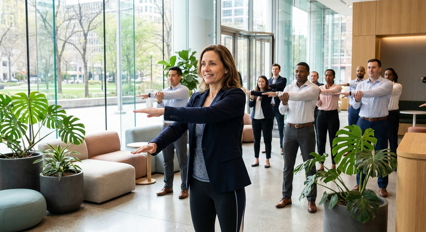 Treinadora Corporativa liderando sessão de meditação e alongamento em ambiente empresarial com funcionários