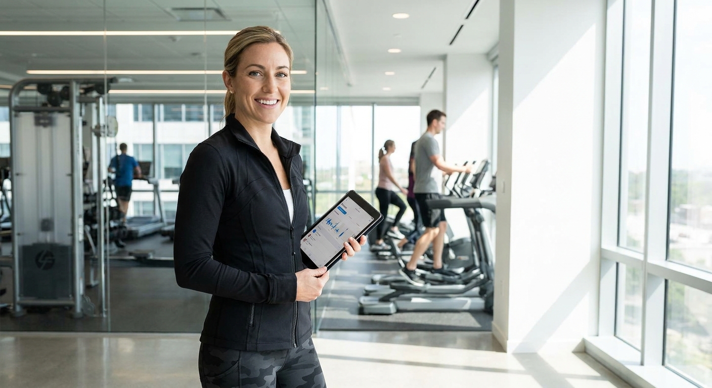 Treinadora corporativa utilizando o app Personal Millbody em ambiente empresarial