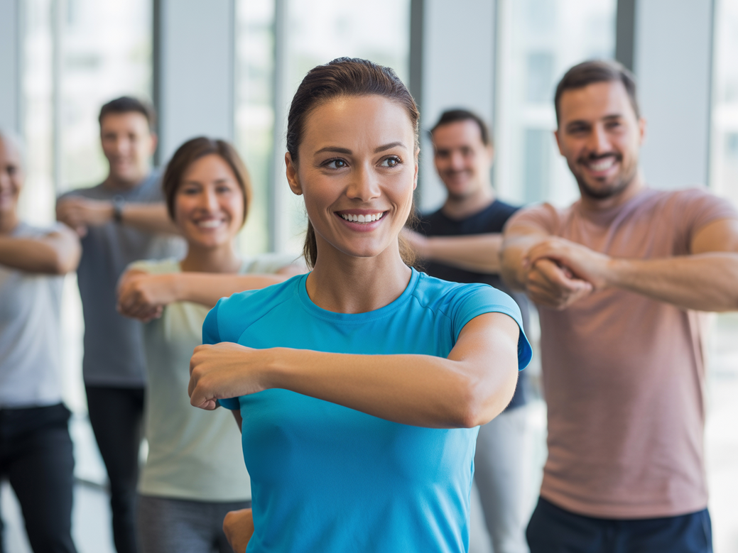 Treinadora corporativa motivando funcionários com mensagens de academia para empresas em um escritório moderno.