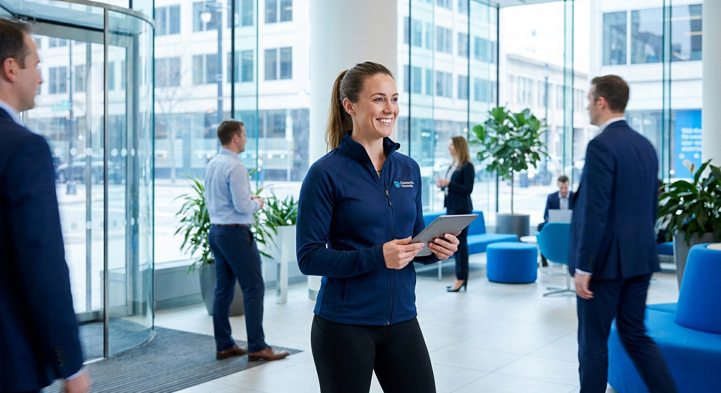 Tecnologia para personal trainer corporativo Treinadora corporativa usando tecnologia para personal trainer corporativo em ambiente empresarial