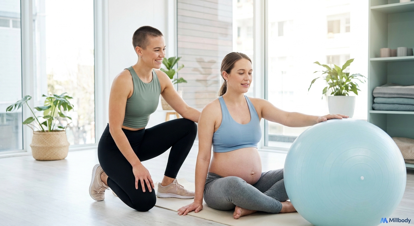 Treinadora pré e pós-parto ao lado de gestante realizando exercício seguro com bola e tapete