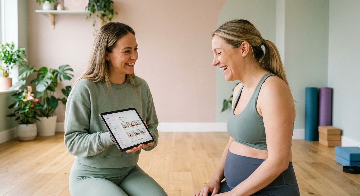 Treinadora pré e pós-parto inovando com tecnologia Personal Millbody Treinadora pré e pós-parto usando tecnologia para acompanhar aluna gestante com tablet
