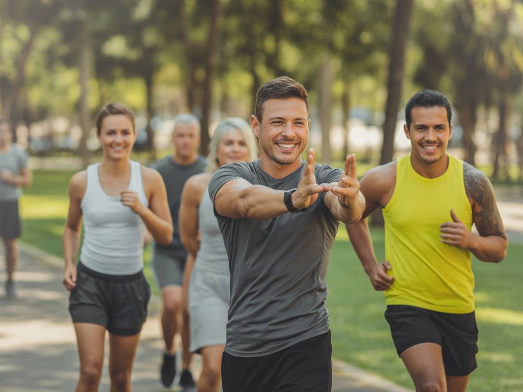Personal trainer aplicando um treinamento funcional ao ar livre para um grupo de alunos em um parque ensolarado.