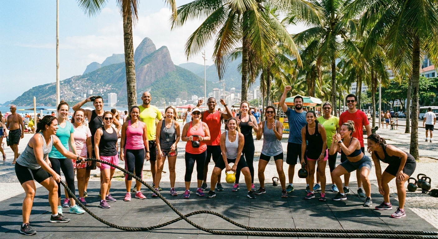 Treinamento funcional ao ar livre com instrutor e alunos realizando exercícios em parque
