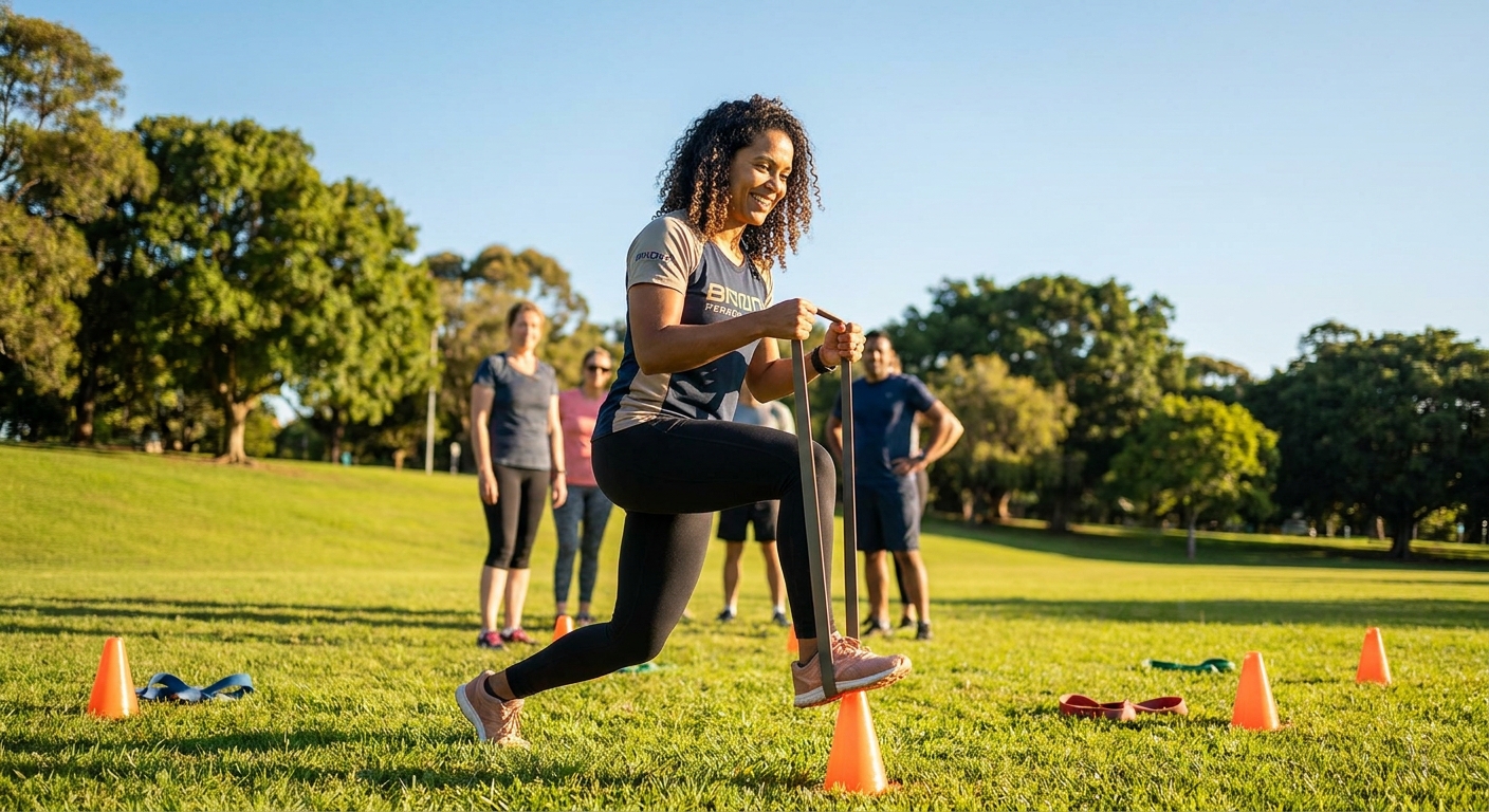 Instrutor de treinamento funcional explicando exercício ao ar livre em parque com cones e elástico
