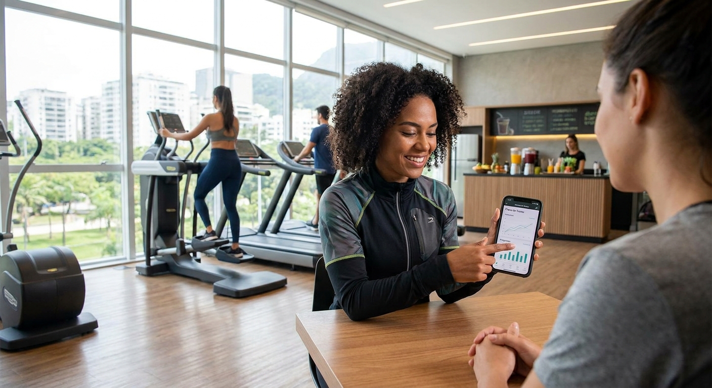 Personal trainer utilizando app Millbody para criar treinamento personalizado para aluno em academia moderna