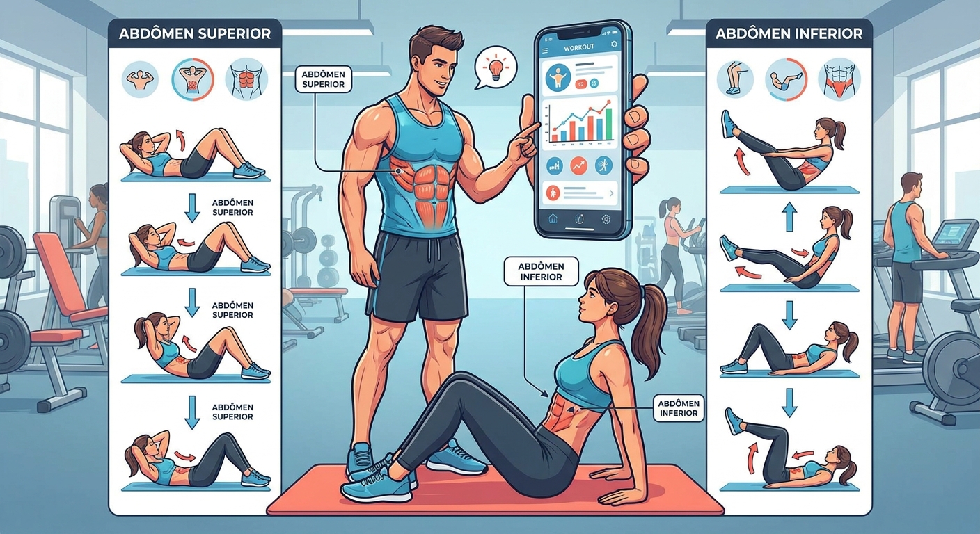 Personal trainer supervisionando exercícios de treino de abdômen superior e inferior com aluno em academia