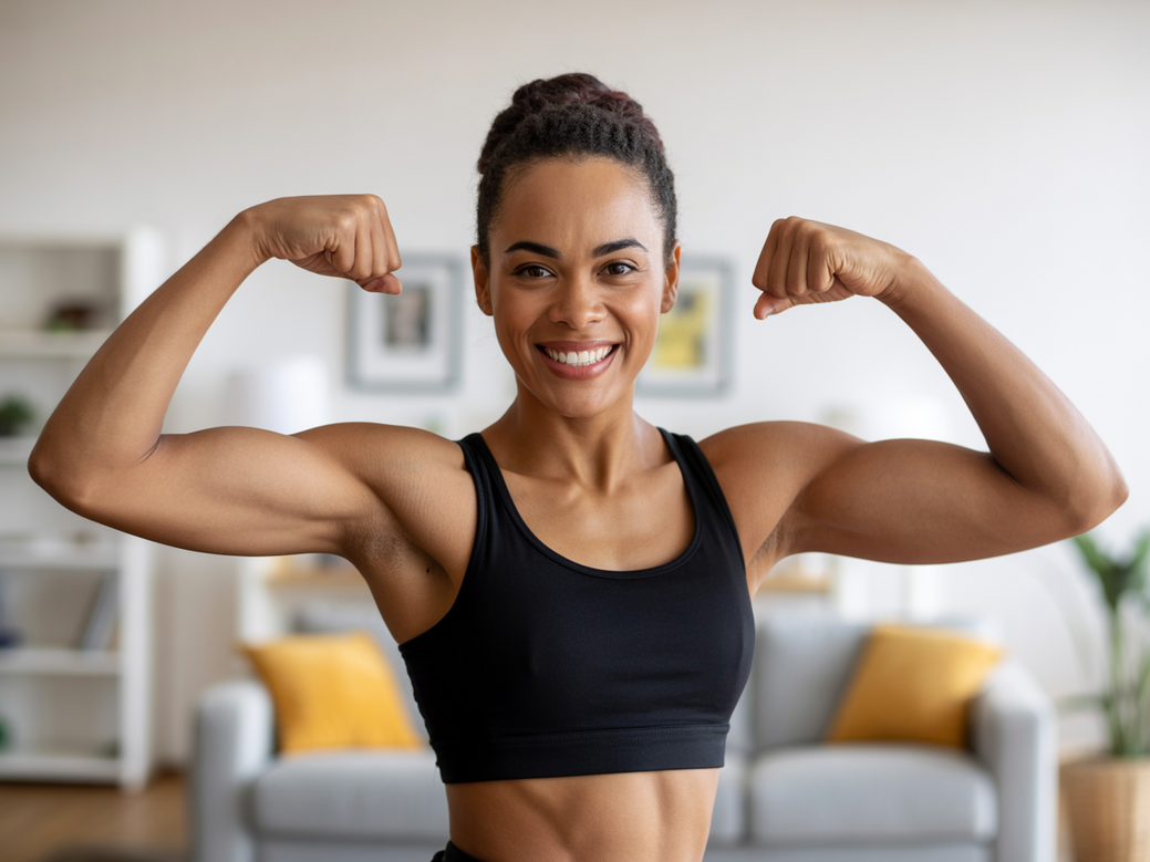 Professor de dança urbana fazendo um treino de bíceps em casa para fortalecer os braços