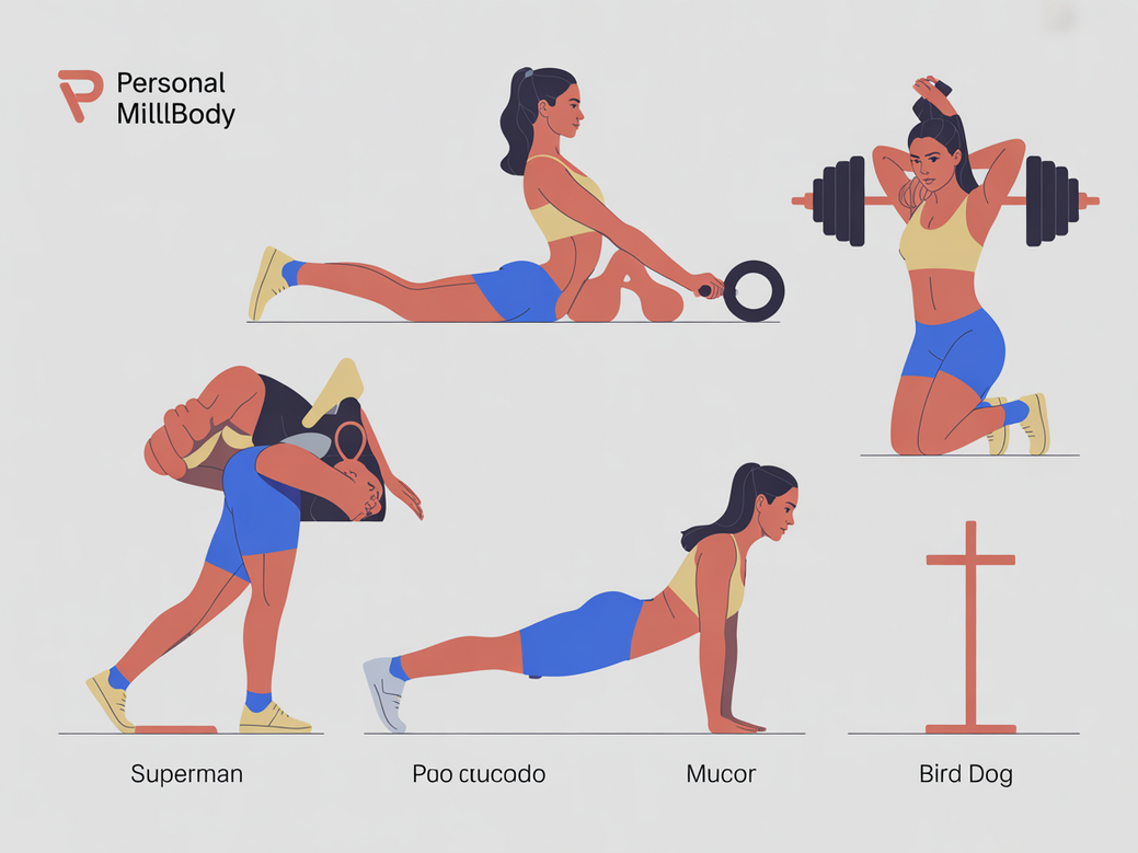 Infográfico com 5 exercícios de treino de costas sem equipamento para mulheres