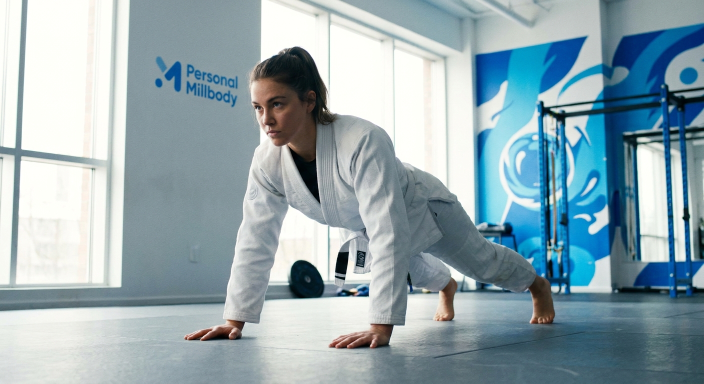 Mulher treinando Jiu-Jitsu com kimono em exercício de fortalecimento