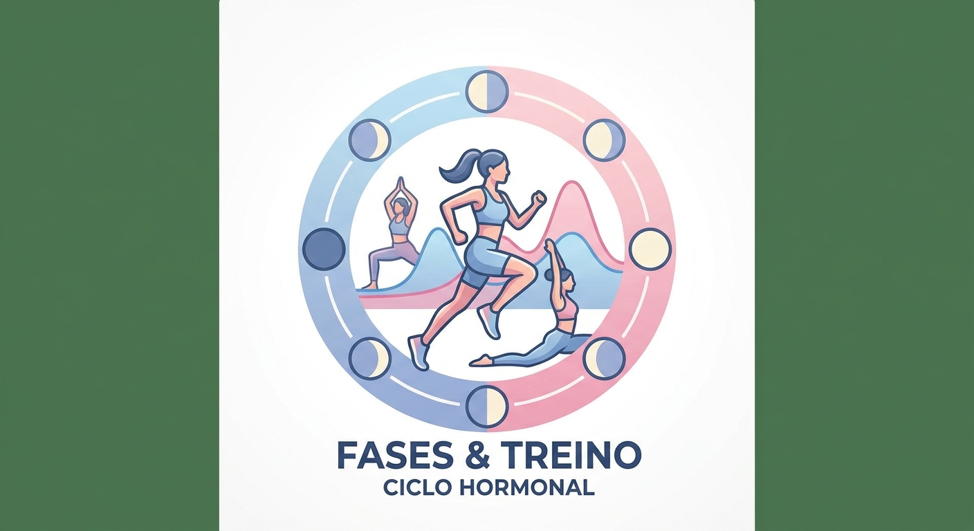 Ciclo lunar com fases e silhueta de mulher atleta — representação das fases hormonais femininas aplicadas ao treino de triathlon