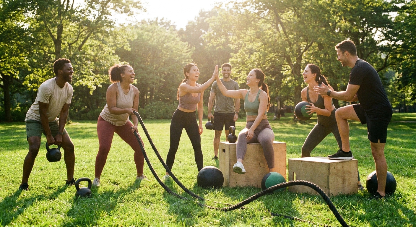 Grupo de pessoas treinando funcional ao ar livre em parque com personal trainer