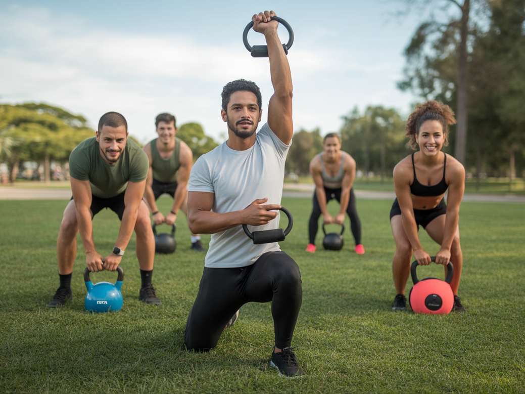 Instrutor de treino funcional dando aula ao ar livre para um grupo diversificado