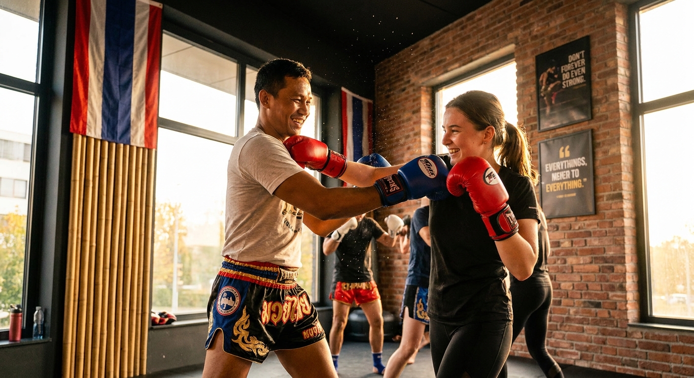 Instrutor e aluno em treino de Muay Thai na plataforma Personal Millbody