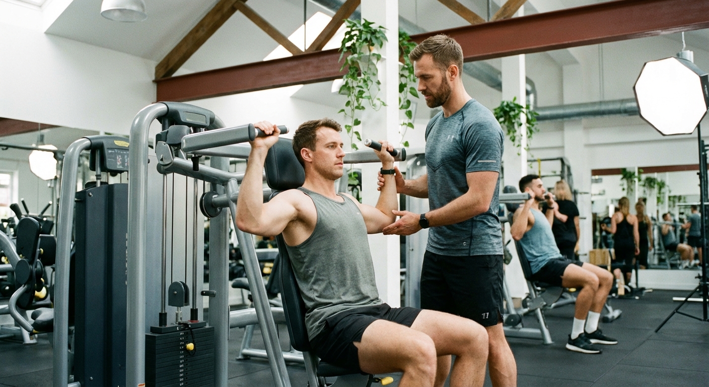 Instrutor funcional ensinando aluno a fazer treino de ombro na máquina com técnica correta