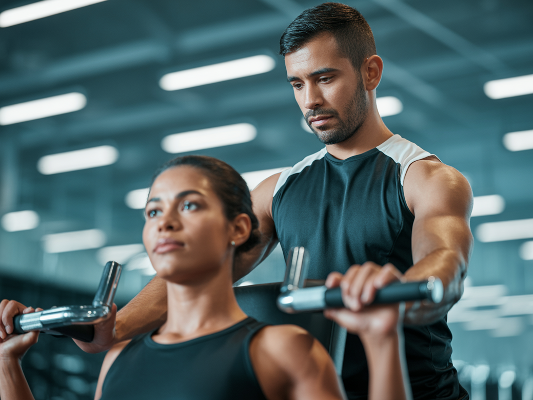 Personal trainer auxiliando aluna em um treino de ombro com máquina focado em hipertrofia