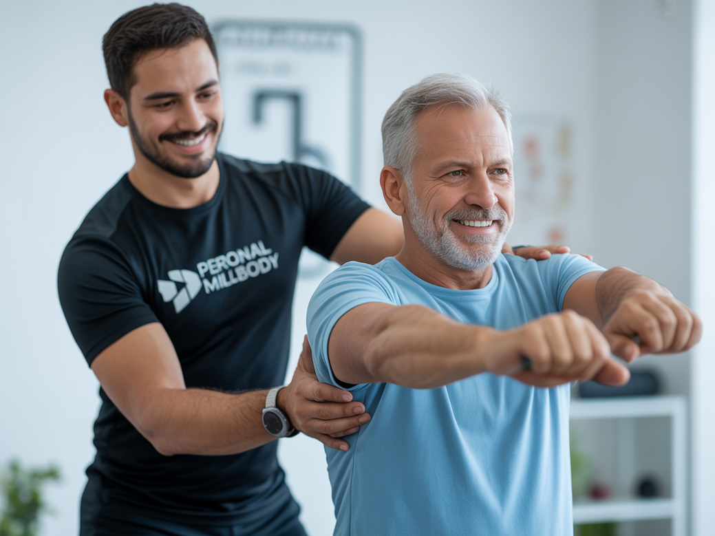 Personal trainer orientando uma idosa a fazer um exercício de ombro em casa, demonstrando um treino de ombro sem equipamento para a terceira idade.