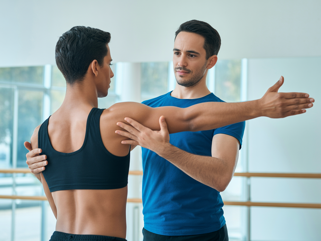 Professor de dança latina executando um treino de ombros focado na estabilidade e força para movimentos expressivos.