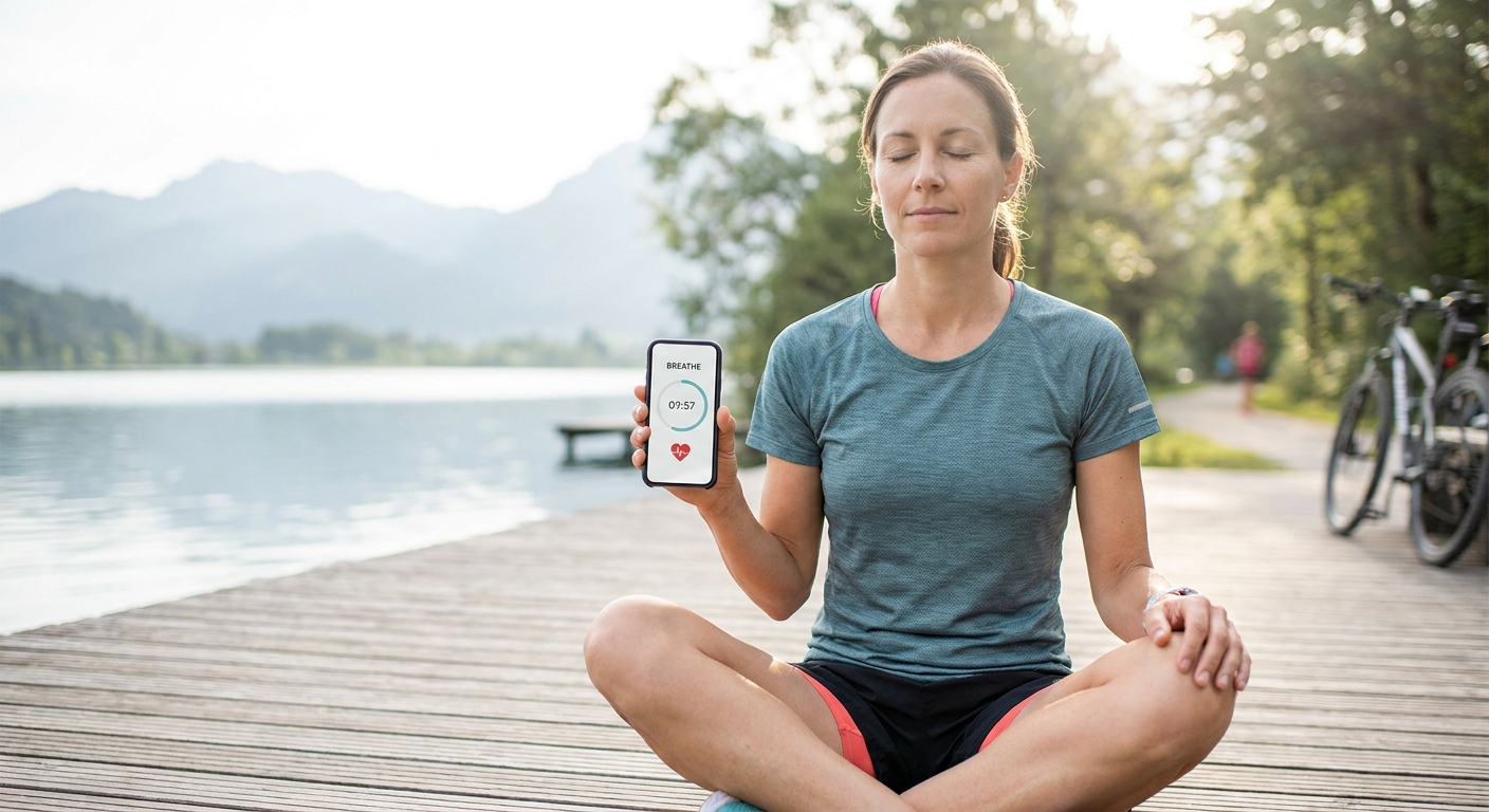 Triatleta usando tecnologia na educação física com app no celular para fortalecimento gradual pós-covid