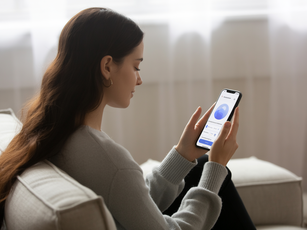 Jovem utilizando o Vitalizen App em seu celular para uma meditação guiada, uma ferramenta essencial para quem está aprendendo como meditar.