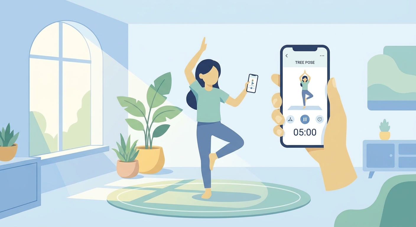App de yoga Vitalizen para iniciantes — jovem praticando postura da árvore com smartphone em ambiente calmo e iluminado