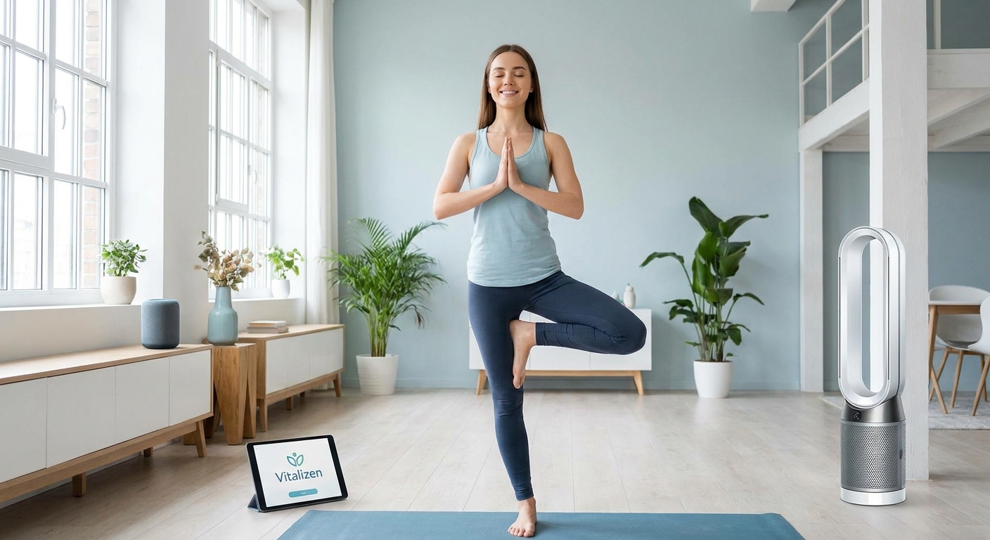 Mulher praticando yoga em casa usando aplicativo de yoga no smartphone