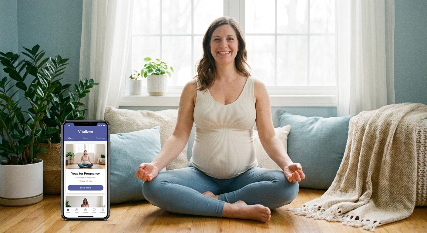 Gestante sorridente meditando com aplicativo Vitalizen de yoga para gestantes ao lado