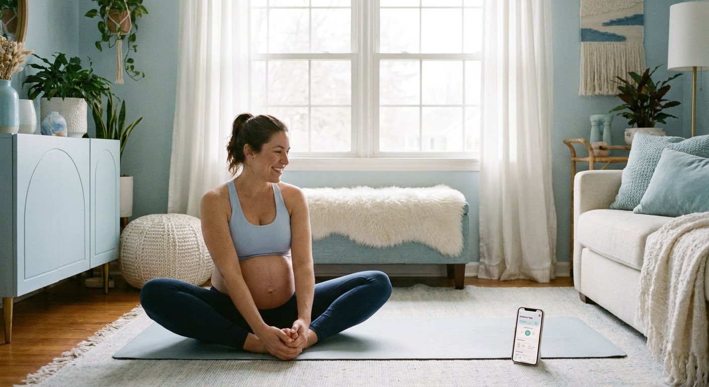 App de yoga para gestantes - Gestante sorridente praticando yoga com o Vitalizen App