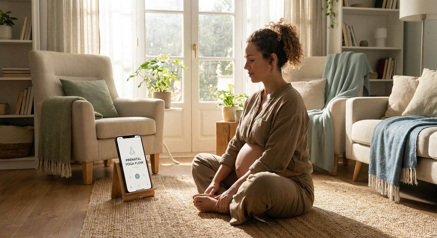 Mulher grávida praticando yoga prenatal em casa com auxílio de aplicativo no celular