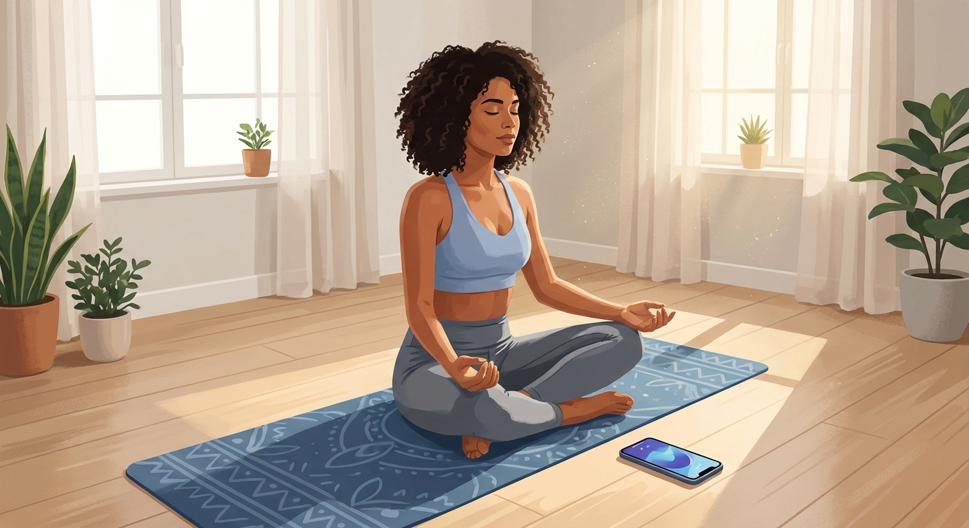 Mulher jovem praticando yoga em casa com um app de yoga para iniciantes ao lado