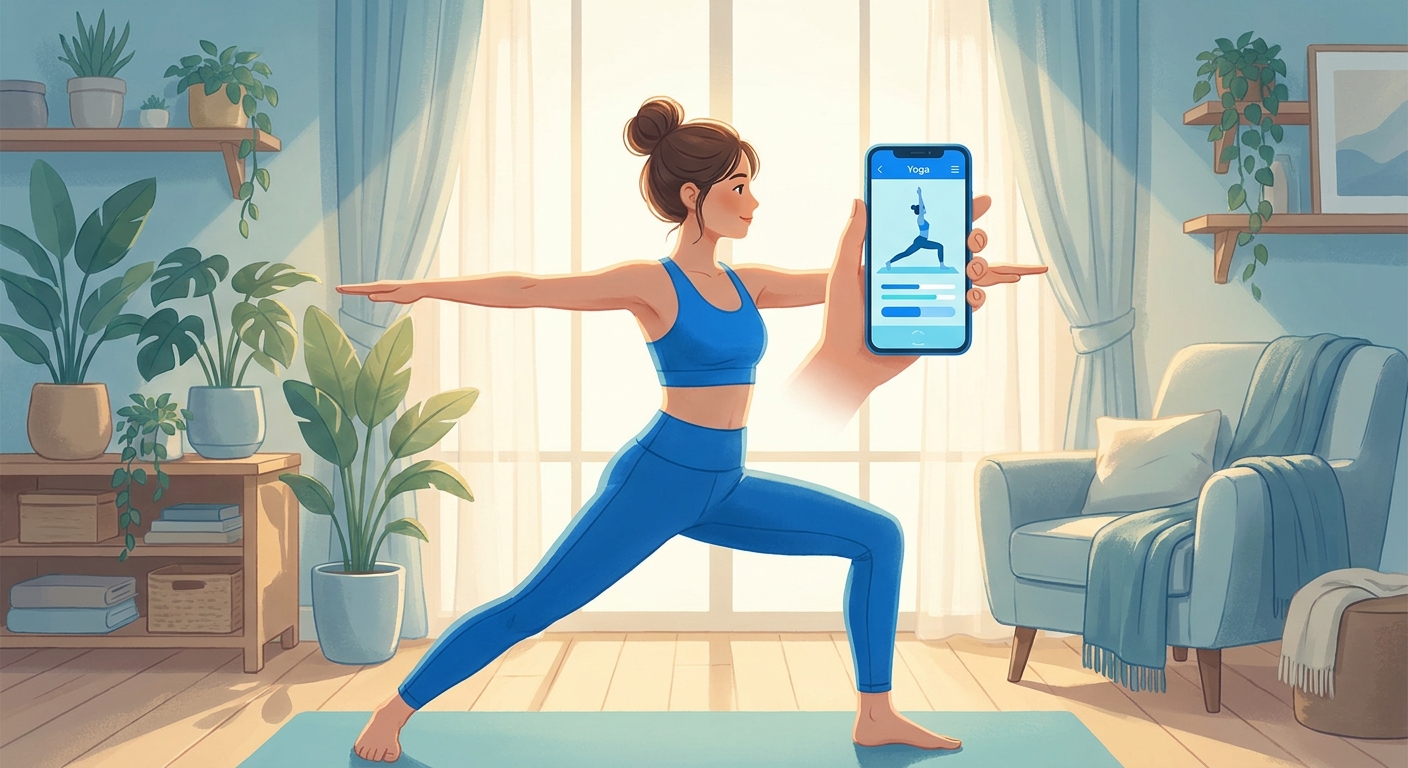 Jovem praticando yoga em casa com o app Vitalizen no celular, ambiente tranquilo e iluminado