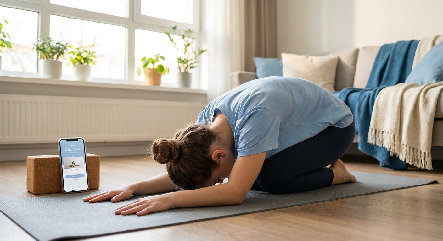 Mulher jovem praticando yoga em casa com app Vitalizen no celular