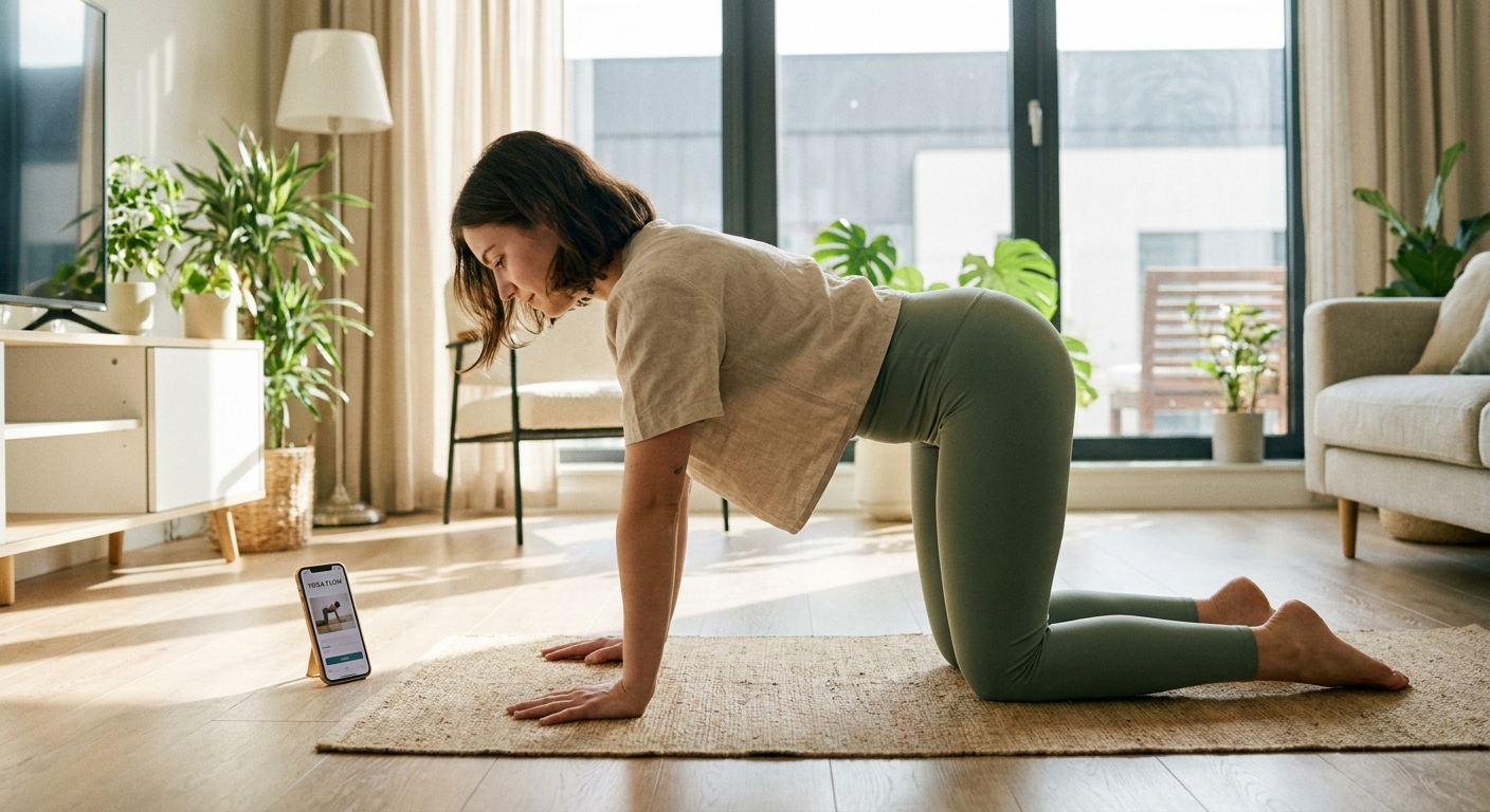 Jovem praticando yoga em casa usando um app de yoga no smartphone, demonstrando flexibilidade e bem-estar