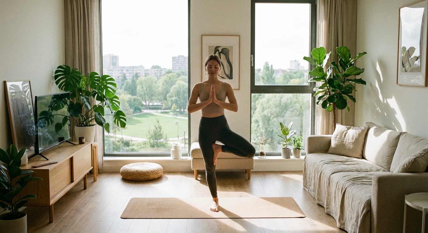 Mulher praticando yoga em casa usando app de yoga no smartphone