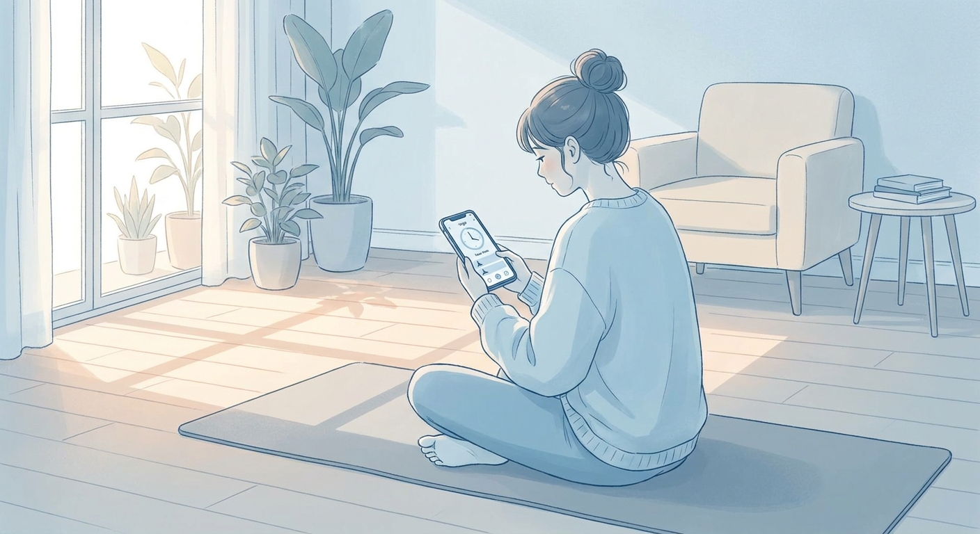 Jovem praticando yoga em casa usando um app de yoga para iniciantes no celular, com luz natural e ambiente acolhedor
