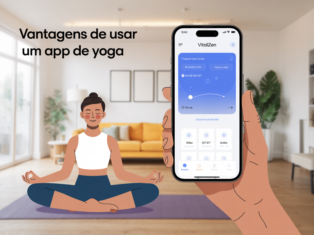 Mulher praticando yoga em casa com um smartphone ao lado, demonstrando as vantagens de usar um app de yoga como o Vitalizen.