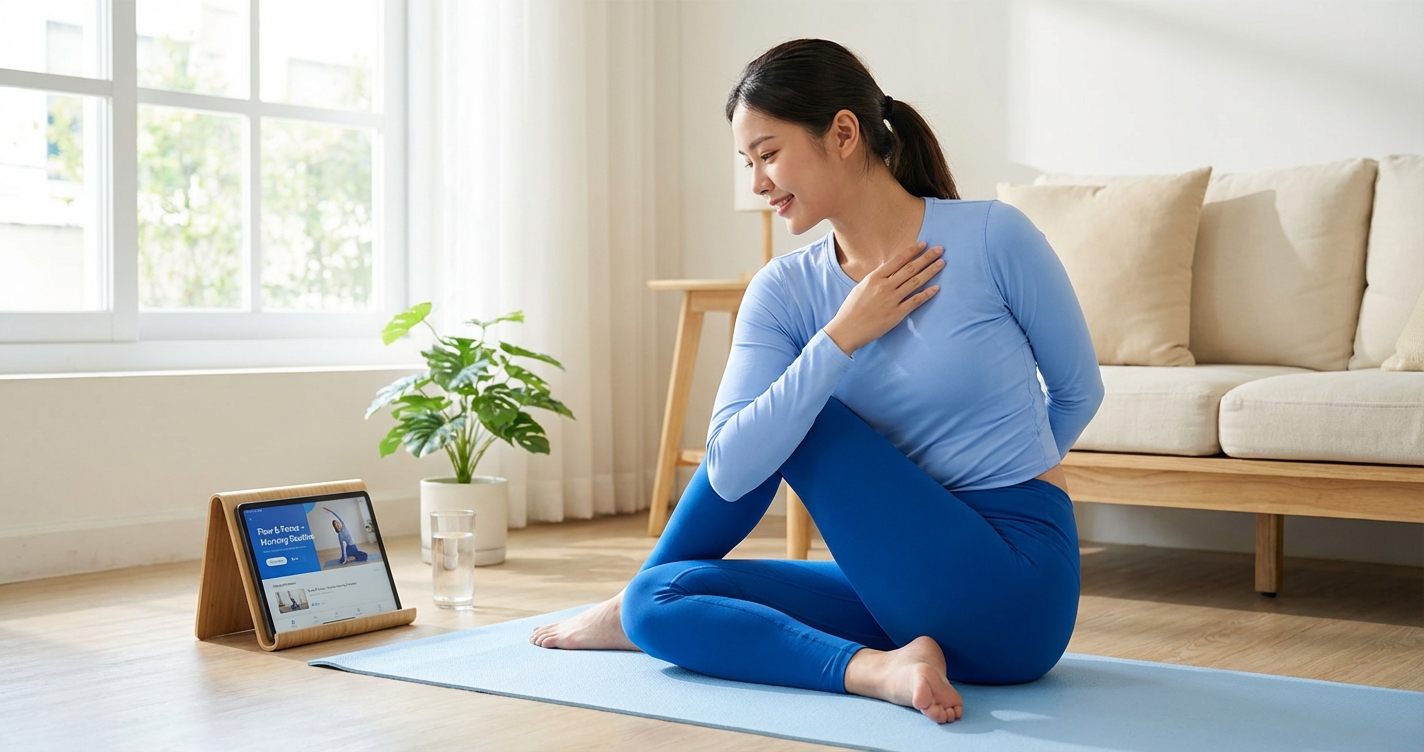 Jovem praticando yoga com um app de yoga em casa, demonstrando os benefícios da flexibilidade e tranquilidade.