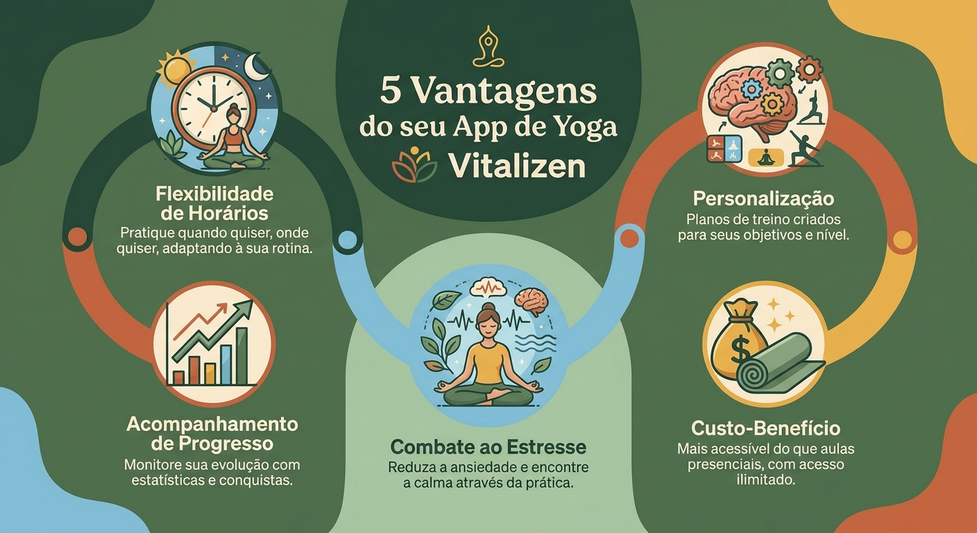 Infográfico mostrando as vantagens de usar um app de yoga: flexibilidade, personalização, economia e combate ao estresse.